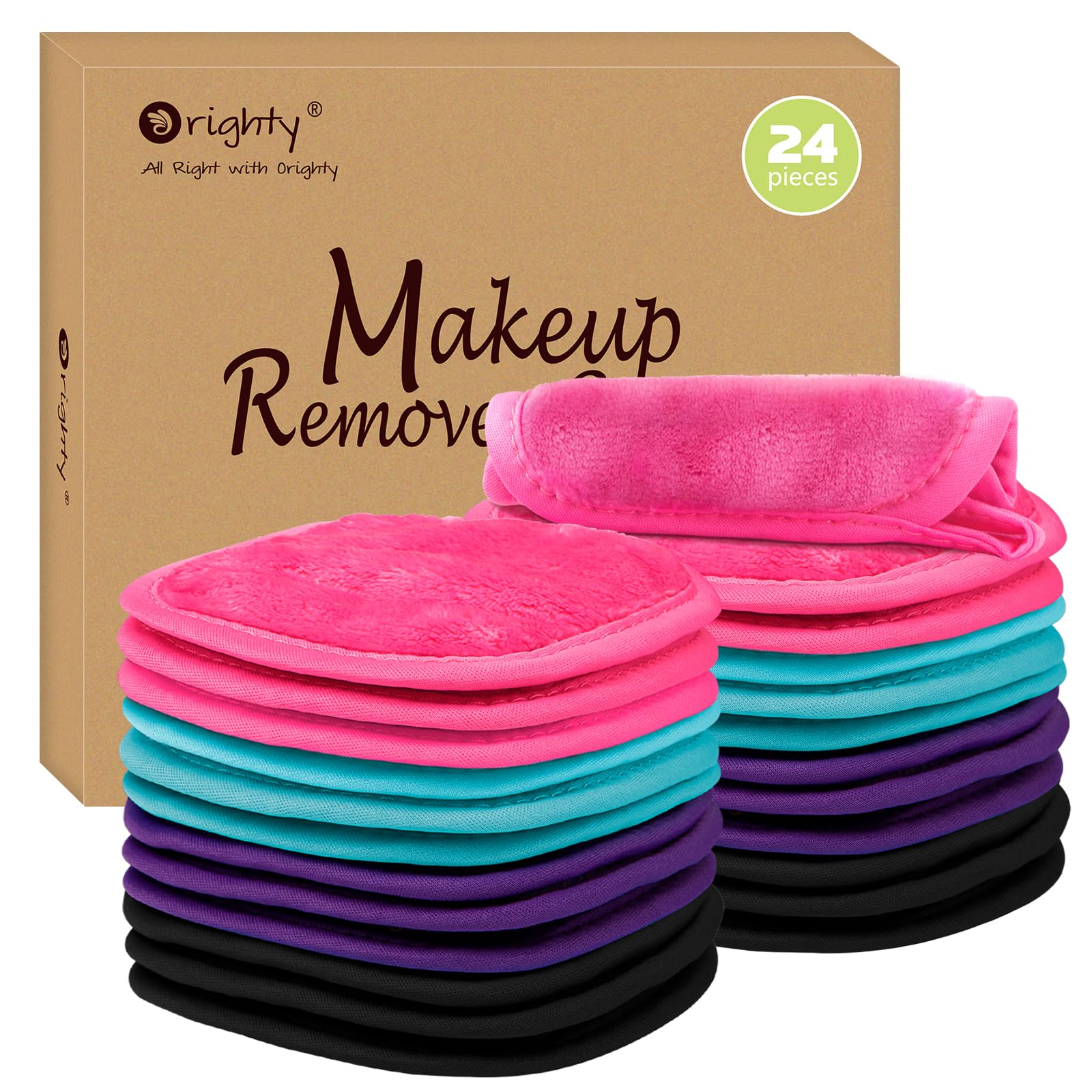 Orighty makeup remover cloths 24-pack, soft fibers for gentle cleansing.