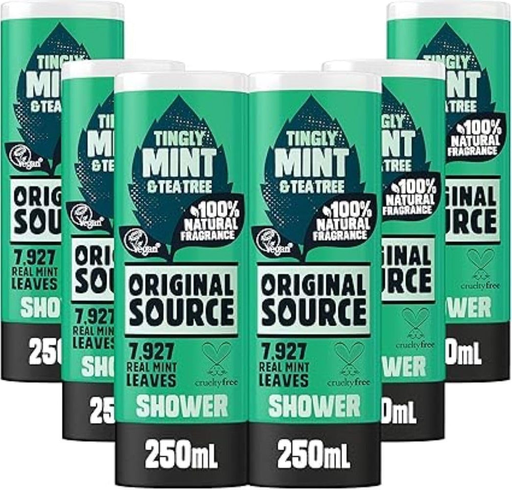 Original Source Tea Tree & Mint Shower Gel bottle on shelf offers a refreshing cleanse.