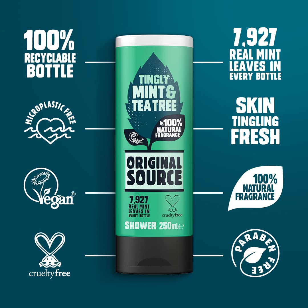 Original Source Tea Tree & Mint Shower Gel bottle close-up with rich foam.