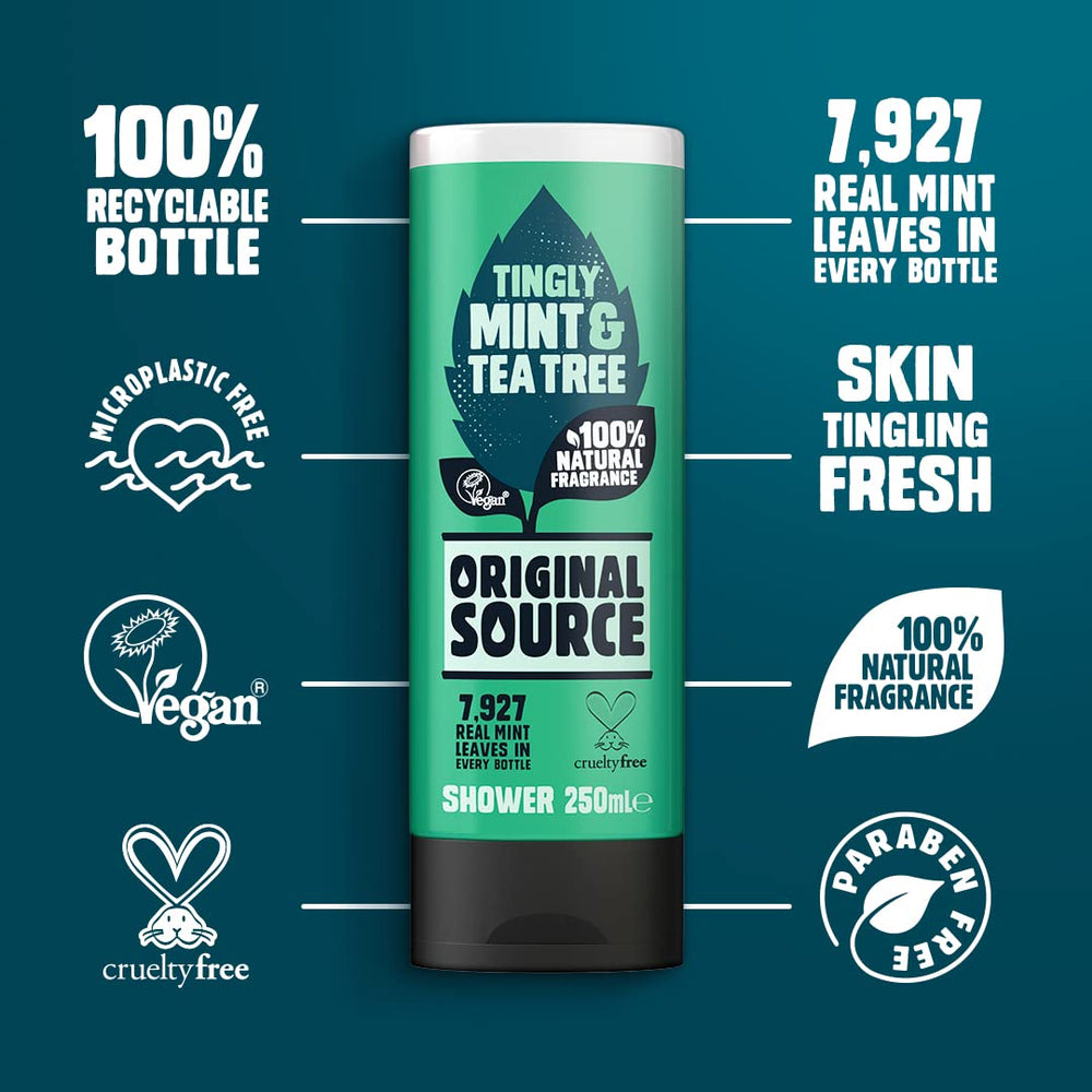 Original Source Tea Tree & Mint Shower Gel bottle close-up with rich foam.