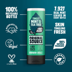 Original Source Tea Tree & Mint Shower Gel bottle close-up with rich foam.