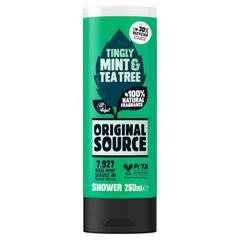 Original Source Tea Tree & Mint Shower Gel with fresh mint leaves suggests invigorating scent.