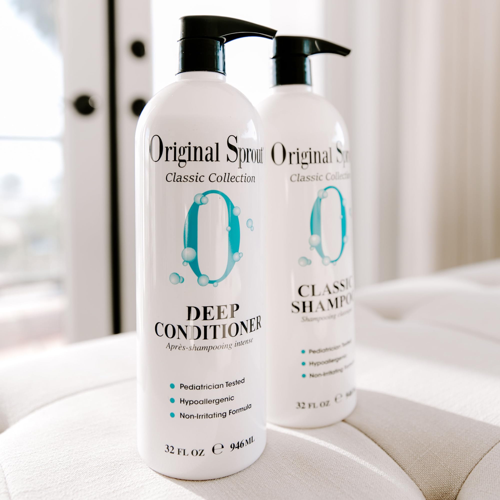 Original Sprout Deep Conditioner being massaged into freshly shampooed hair for 5-minute conditioning.