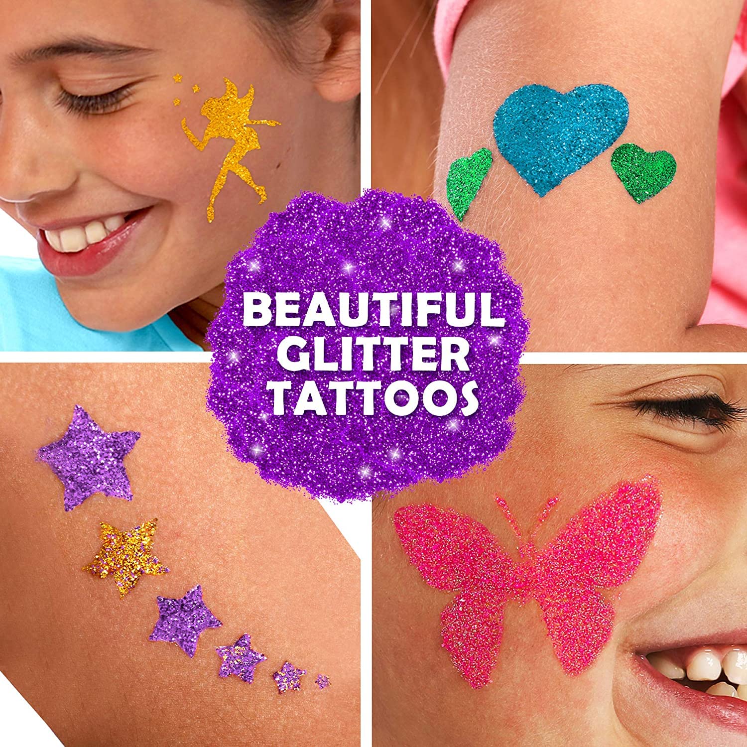 Original Stationery Glitter Tattoo Kit contents with stencils, colors, and tools for crafts.