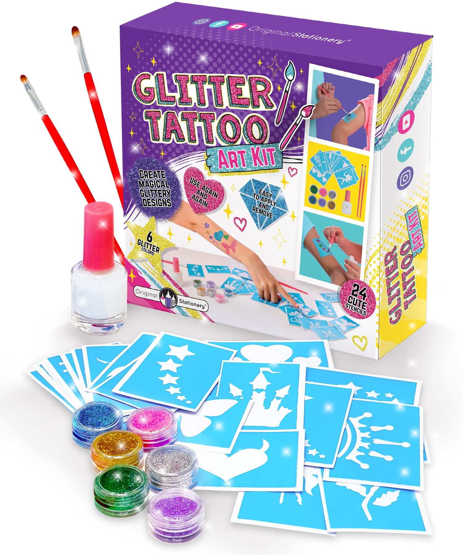 Original Stationery Glitter Tattoo Kit cover—sparkly holiday activity for kids.