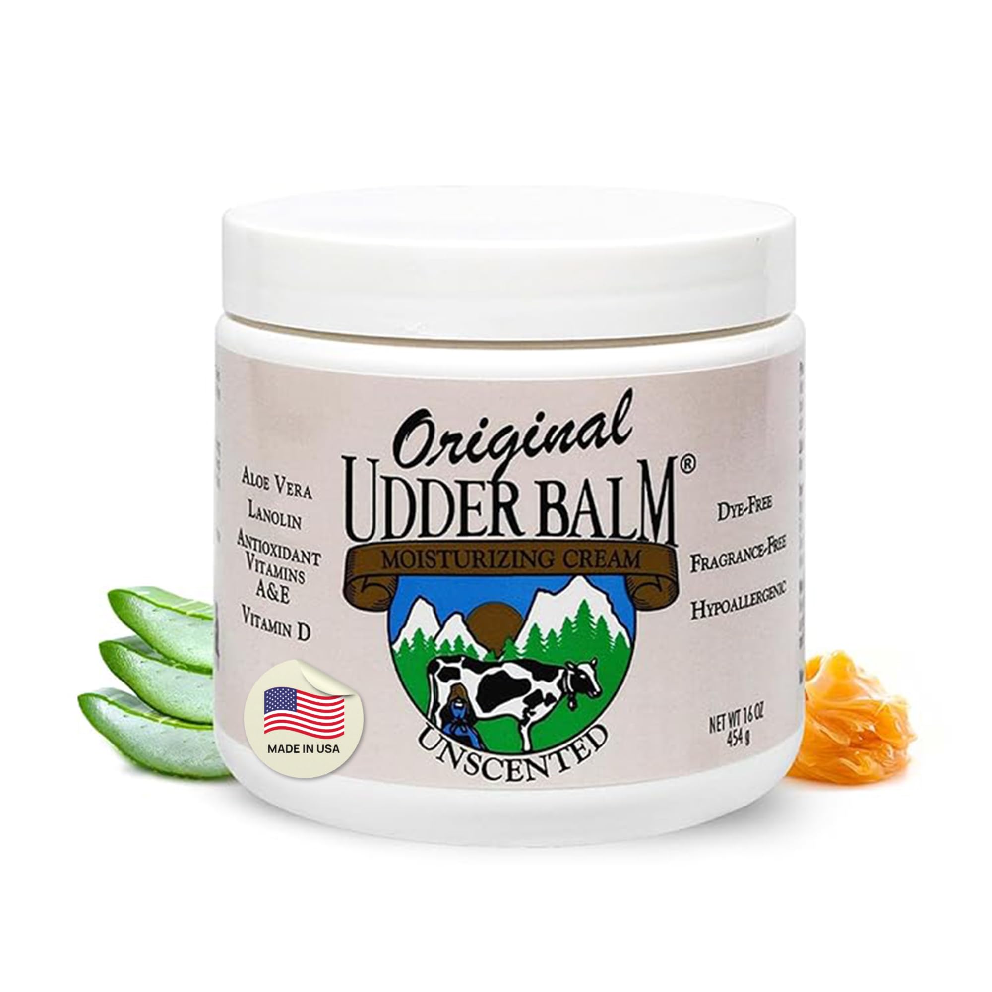 Original Udder Balm Unscented Jar label — durable USA-made quality for dry skin.
