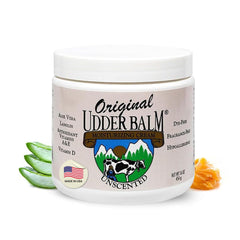 Original Udder Balm Unscented Jar label — durable USA-made quality for dry skin.
