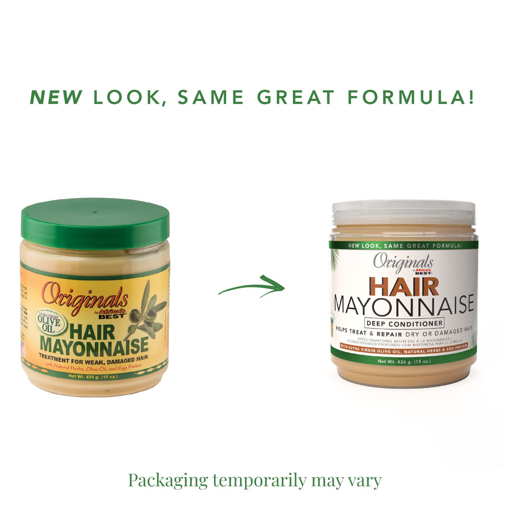 Originals by Africa's Best hair mayonnaise jar close-up label highlights herbal extracts and olive oil for nourishment.