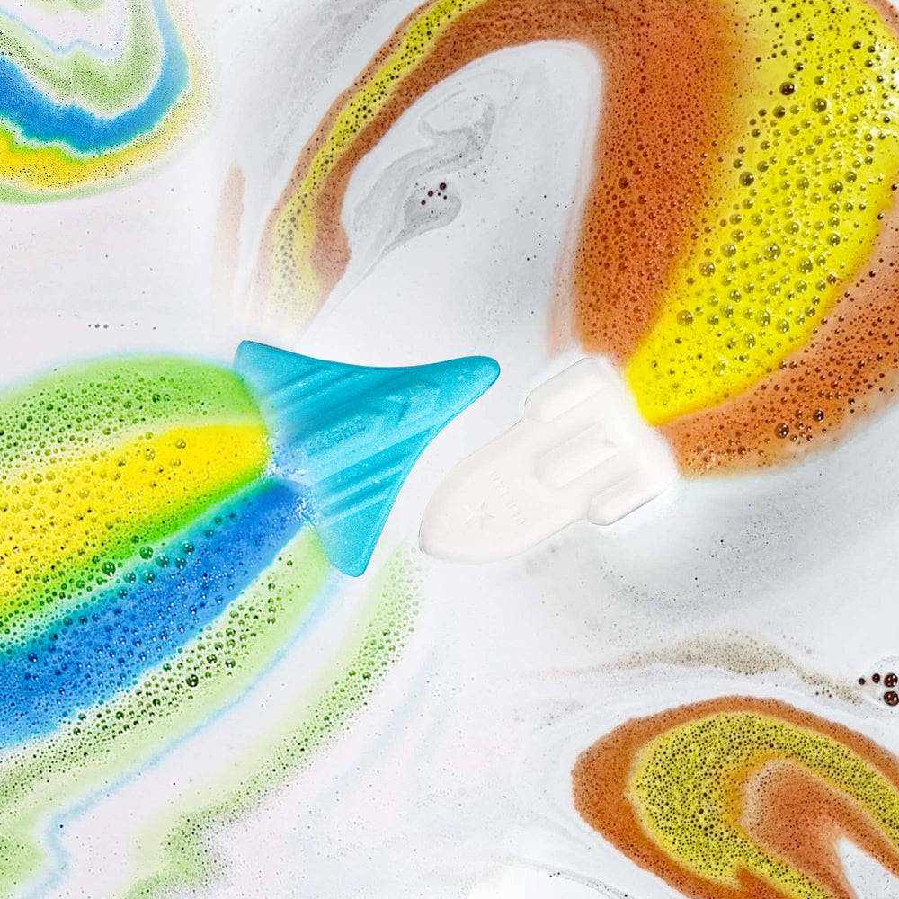 ORIGLAM rocket bath bomb unleashes flaming colors around the tub for imaginative play