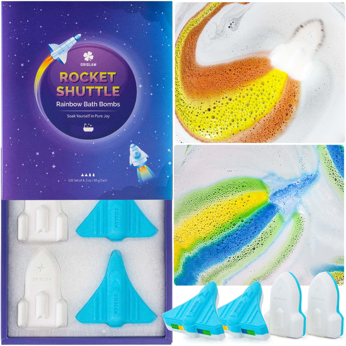 ORIGLAM Space Rocket bath bomb creates blue foam and rainbow trails for playful baths.