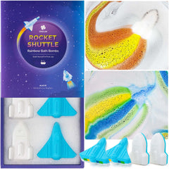 ORIGLAM Space Rocket bath bomb creates blue foam and rainbow trails for playful baths.