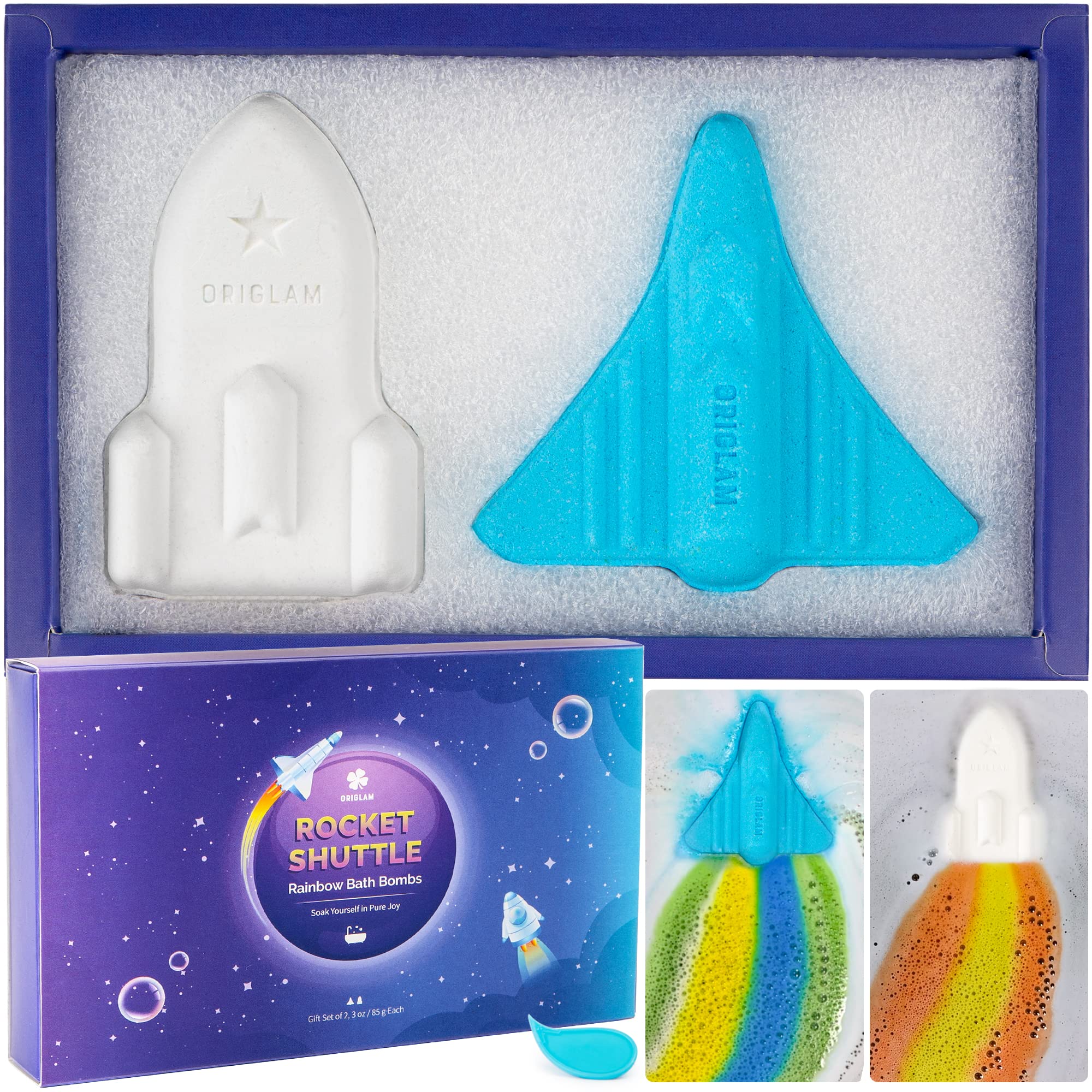 ORIGLAM space shuttle bath bomb creates blue foam and color trails for a fun bath