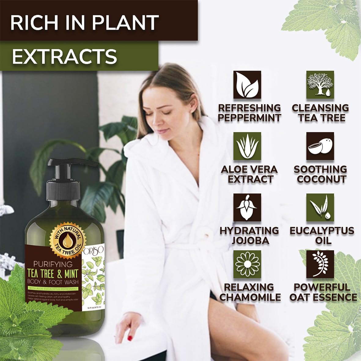 ORISO Tea Tree Mint Body Wash close-up shows botanical ingredients for gentle cleansing