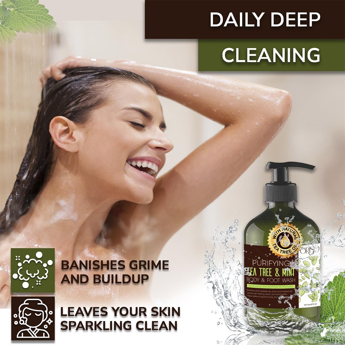 ORISO Tea Tree Mint Body Wash rich lather for a spa-like cleansing