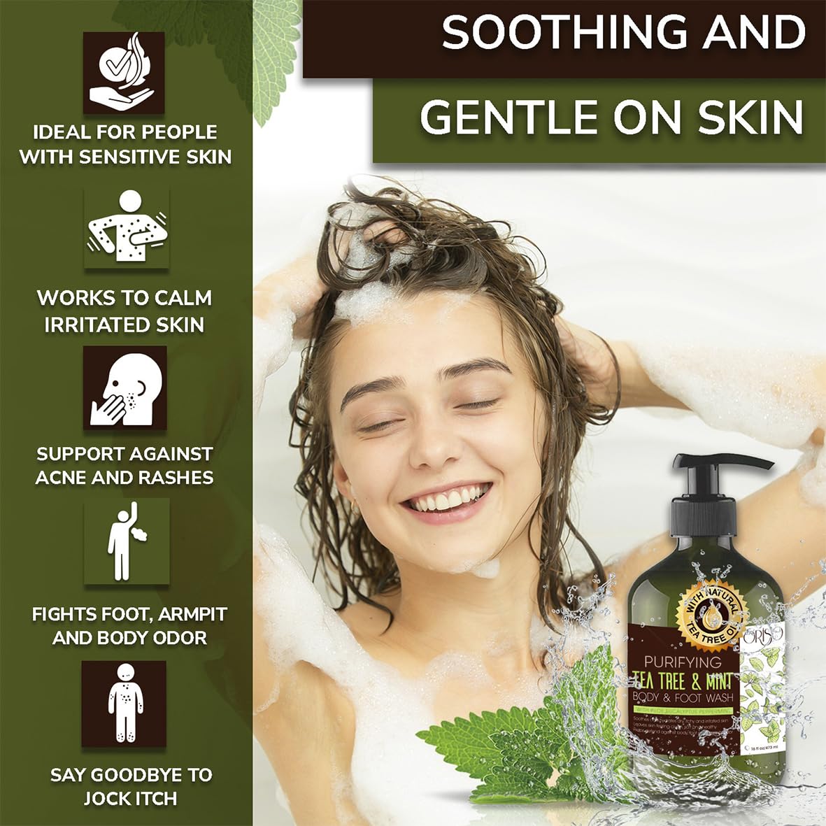 ORISO Tea Tree Mint Body Wash pump bottle delivers cooling, refreshed skin