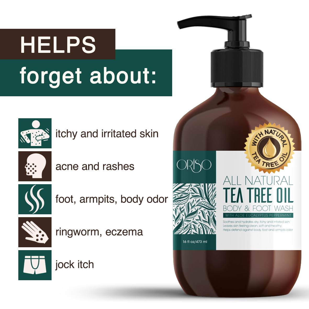 ORISO Tea Tree Oil Body Wash aloe-essence moisturizes and soothes skin.