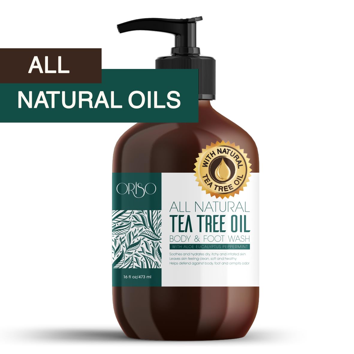 ORISO Tea Tree Oil Body Wash on bathroom shelf suggests daily-use routine.
