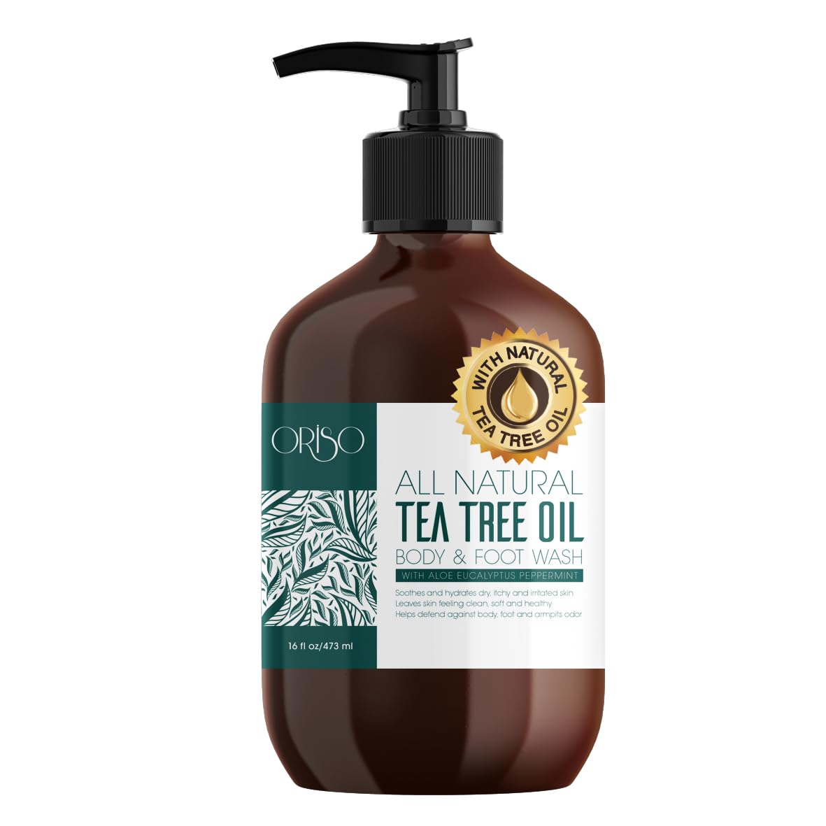 ORISO Tea Tree Oil Body Wash bottle showcases natural formula for daily cleansing.