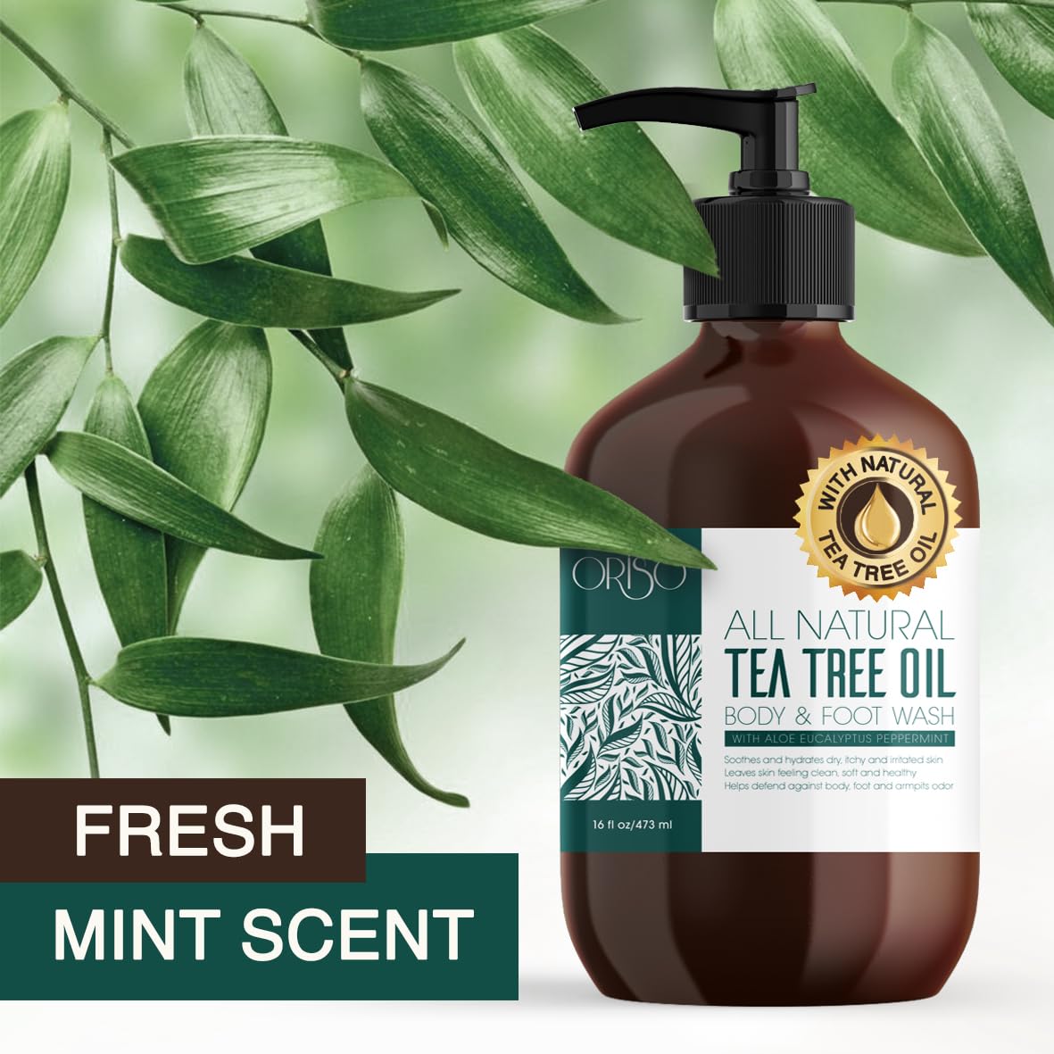 ORISO Tea Tree Oil Body Wash pump bottle ready for gentle cleansing routine.