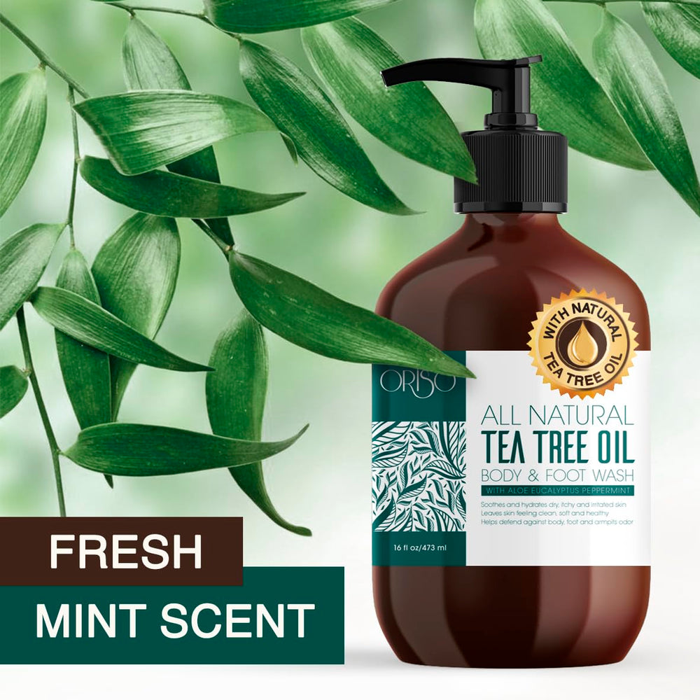 ORISO Tea Tree Oil Body Wash pump bottle ready for gentle cleansing routine.