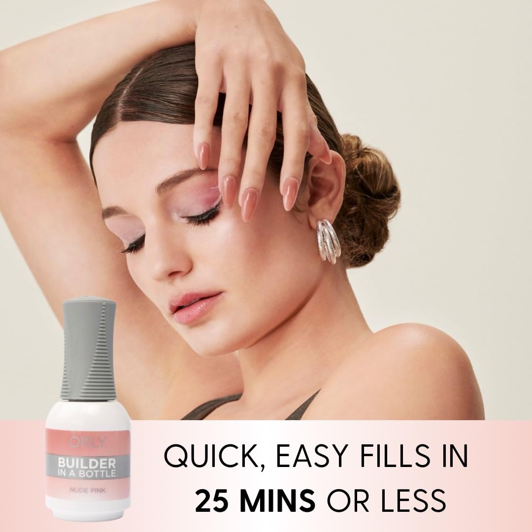 Orly GELFX Builder in a Bottle nude pink nails on hand highlight durable, flawless length.