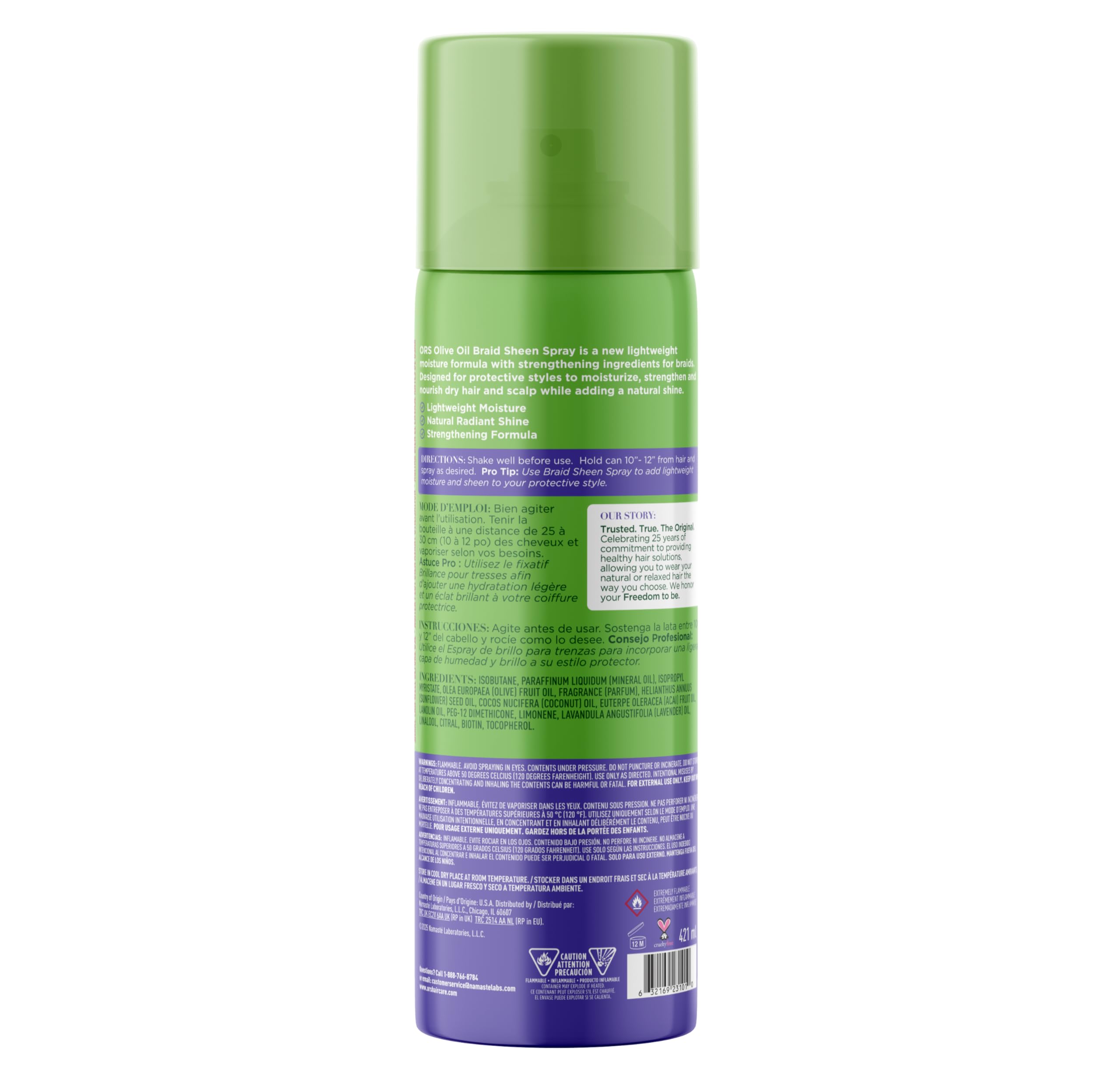 ORS Braidzone bottle close-up showing lavender label and moisturizing ingredients