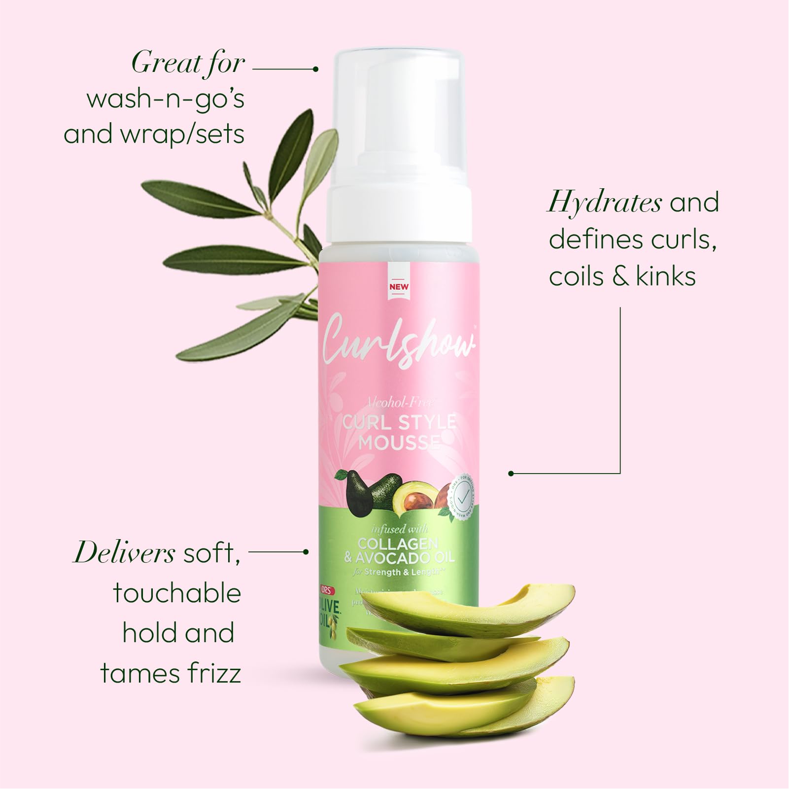 ORS Curlshow collagen enrichment closeup signals strength for lengthier styling.