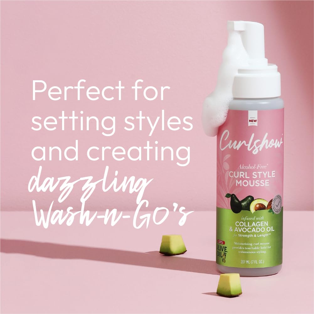 ORS Curlshow frizz-control definition on styled hair suggests smooth shapes.