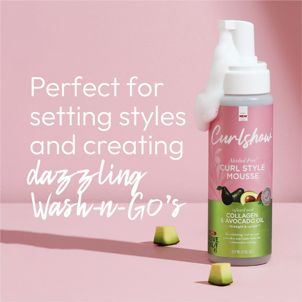 ORS Curlshow frizz-control definition on styled hair suggests smooth shapes.