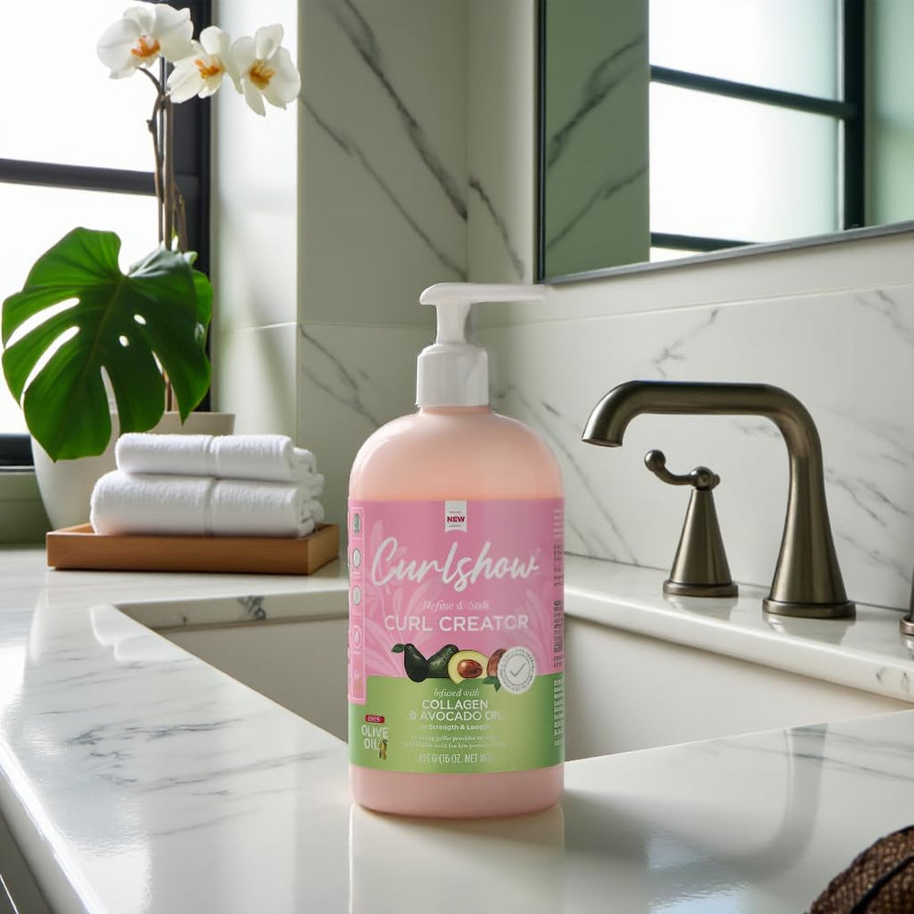 ORS CurlShow frizz-control glow close-up illustrates smooth, controlled curls.
