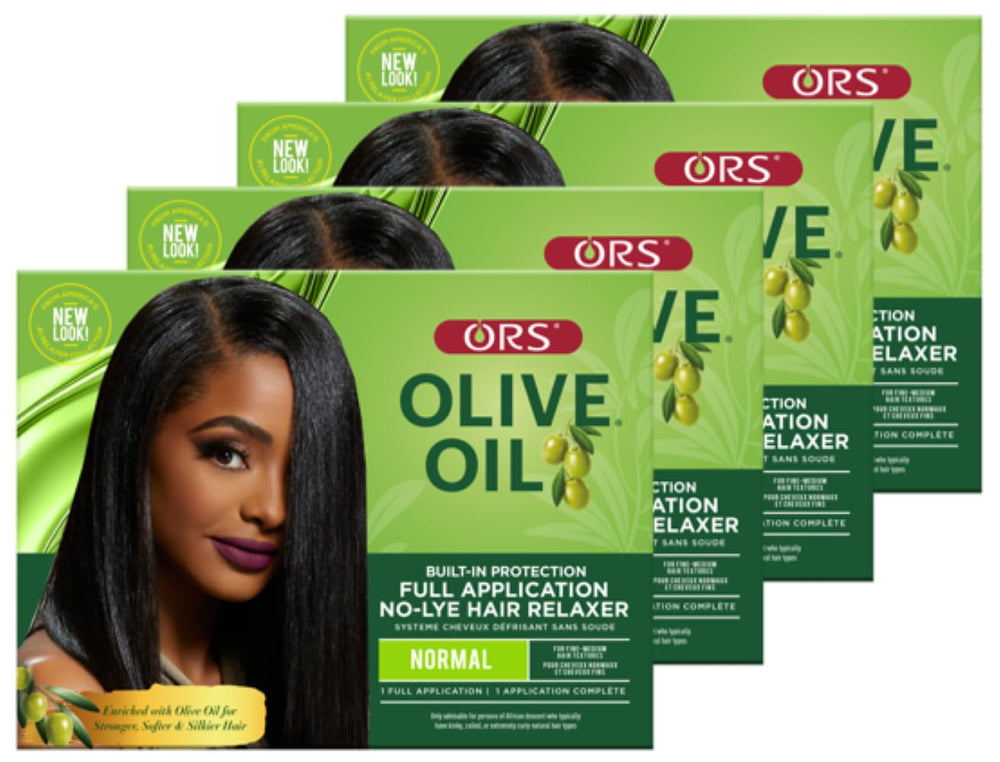ORS hair relaxer bottle and kit shows built-in protection for smoother processing.