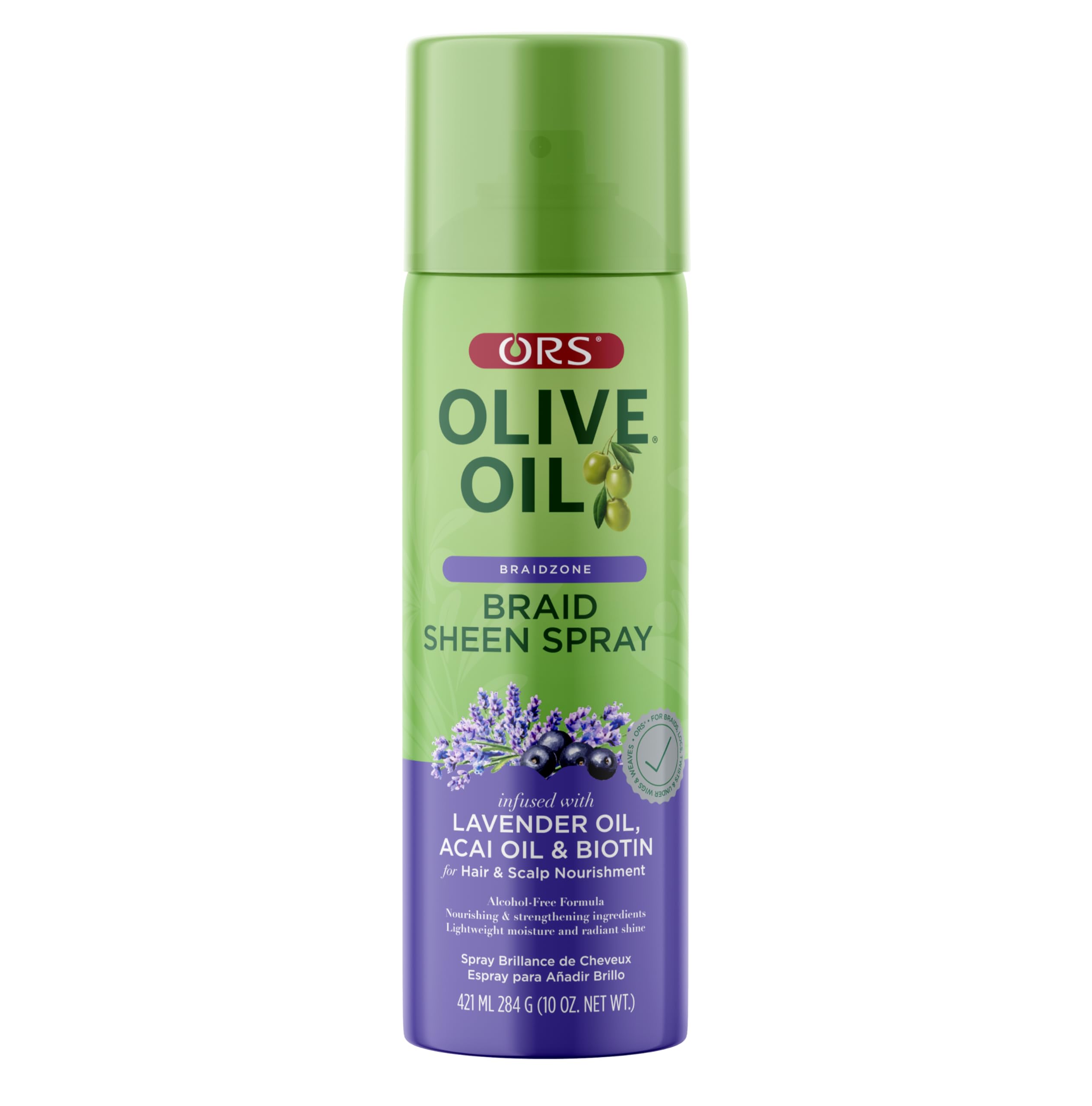 ORS Olive Oil Braidzone spray bottle with lavender for shine and nourishment