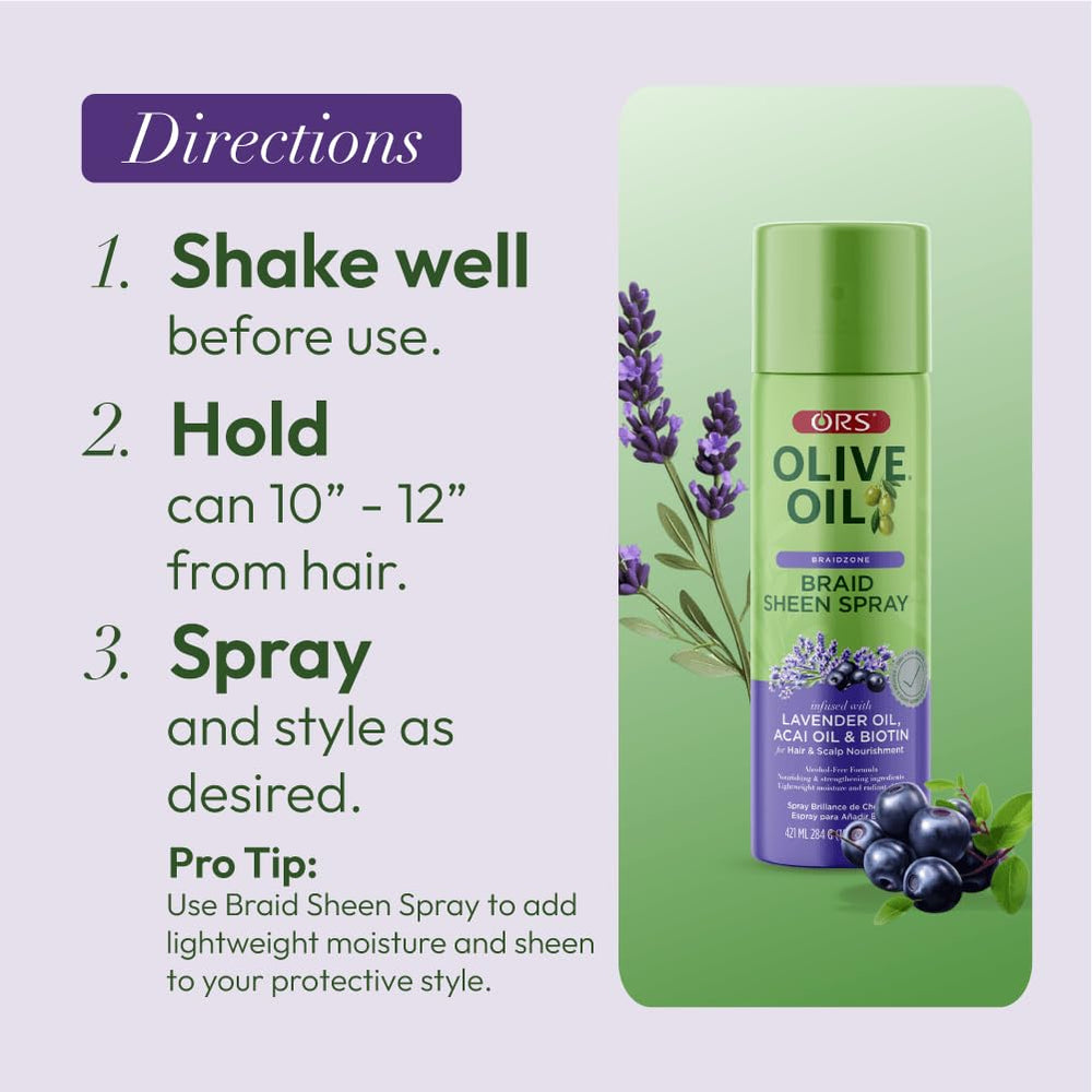 ORS Olive Oil spray delivering lightweight moisture without weighing braids