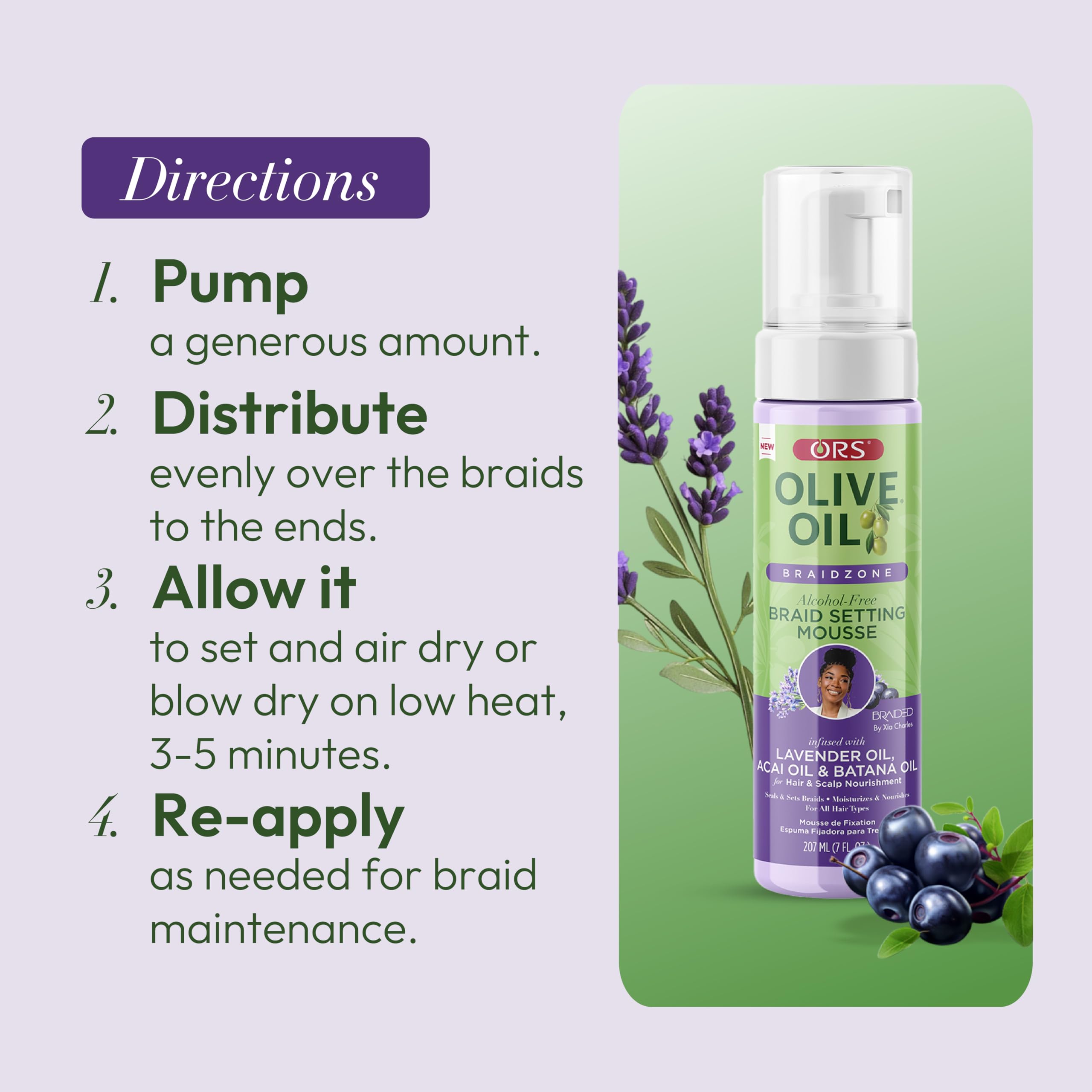 ORS Olive Oil Braidzone mousse with acai oil jar for nourishing care.
