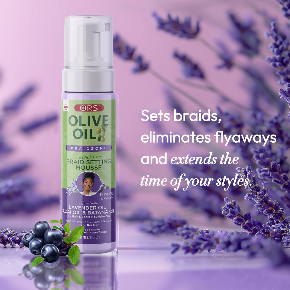ORS Olive Oil Braidzone mousse on braids ready for styling.