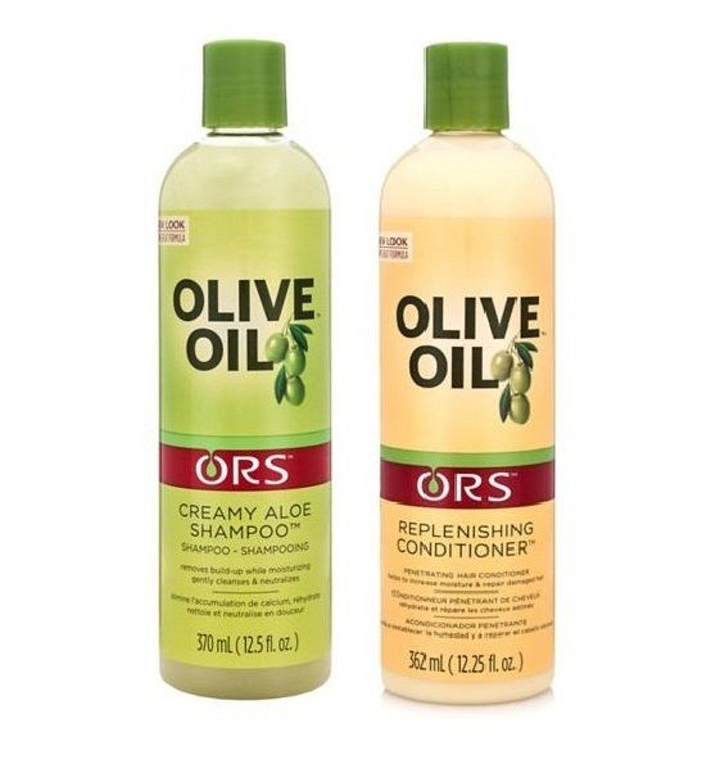 ORS Olive Oil Cream Aloe Shampoo bottle pouring thick lather for hydration