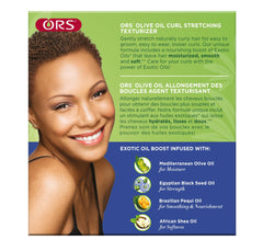 ORS Olive Oil Curl Stretching Texturizer bottle dispense demonstrates easy application for defined, hydrated strands.