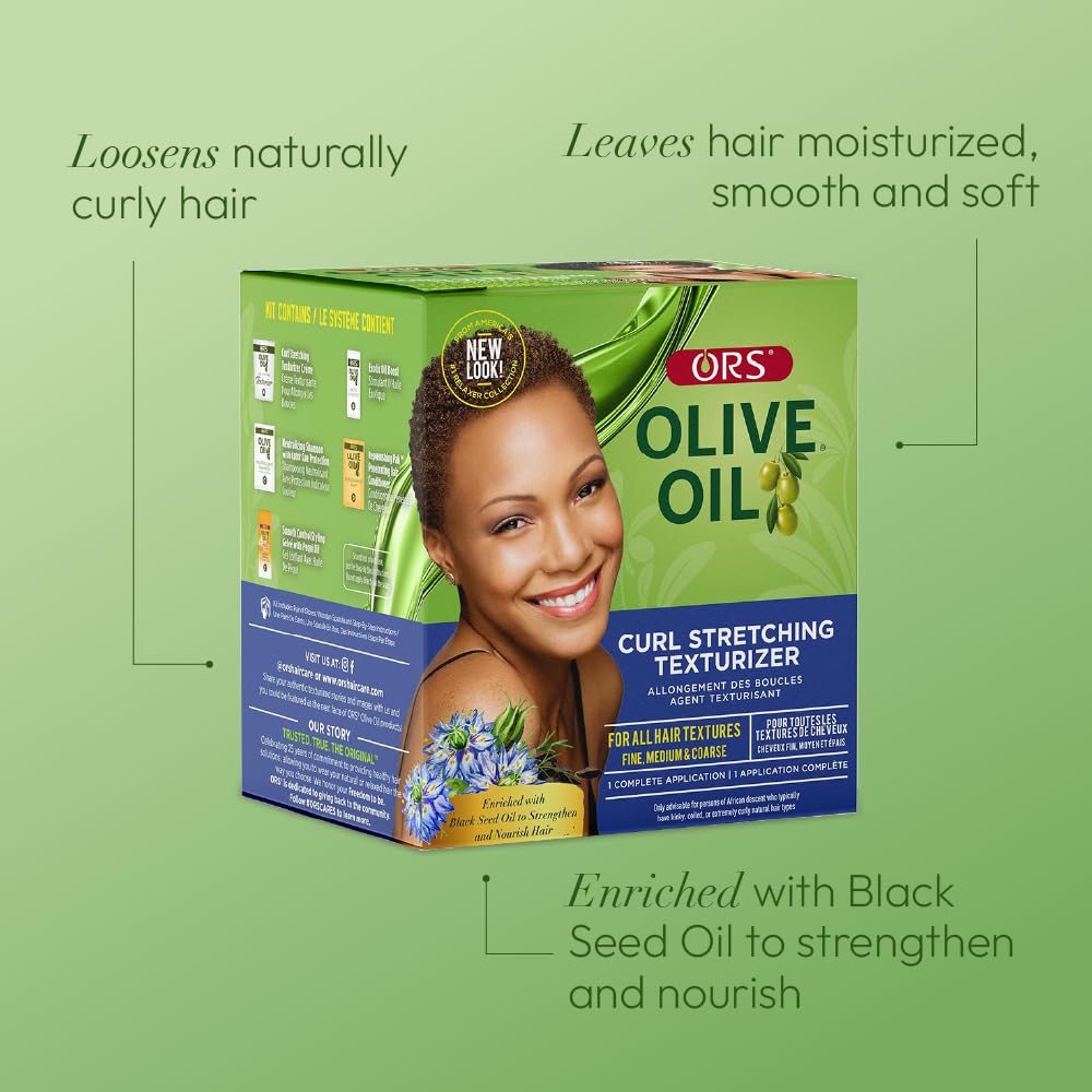 ORS Olive Oil Curl Stretching Texturizer hair texture close-up highlights elongated curls and touchable definition.