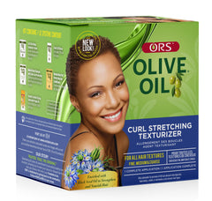 ORS Olive Oil Curl Stretching Texturizer packaging image underscores travel-friendly kit for on-the-go moisture.