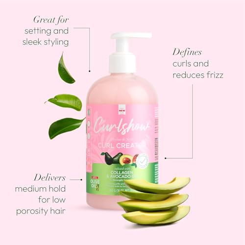 ORS CurlShow ingredients graphic highlights olive oil, collagen, and avocado oil for nourishing, breakage-resistant curls.