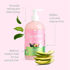 ORS CurlShow ingredients graphic highlights olive oil, collagen, and avocado oil for nourishing, breakage-resistant curls.