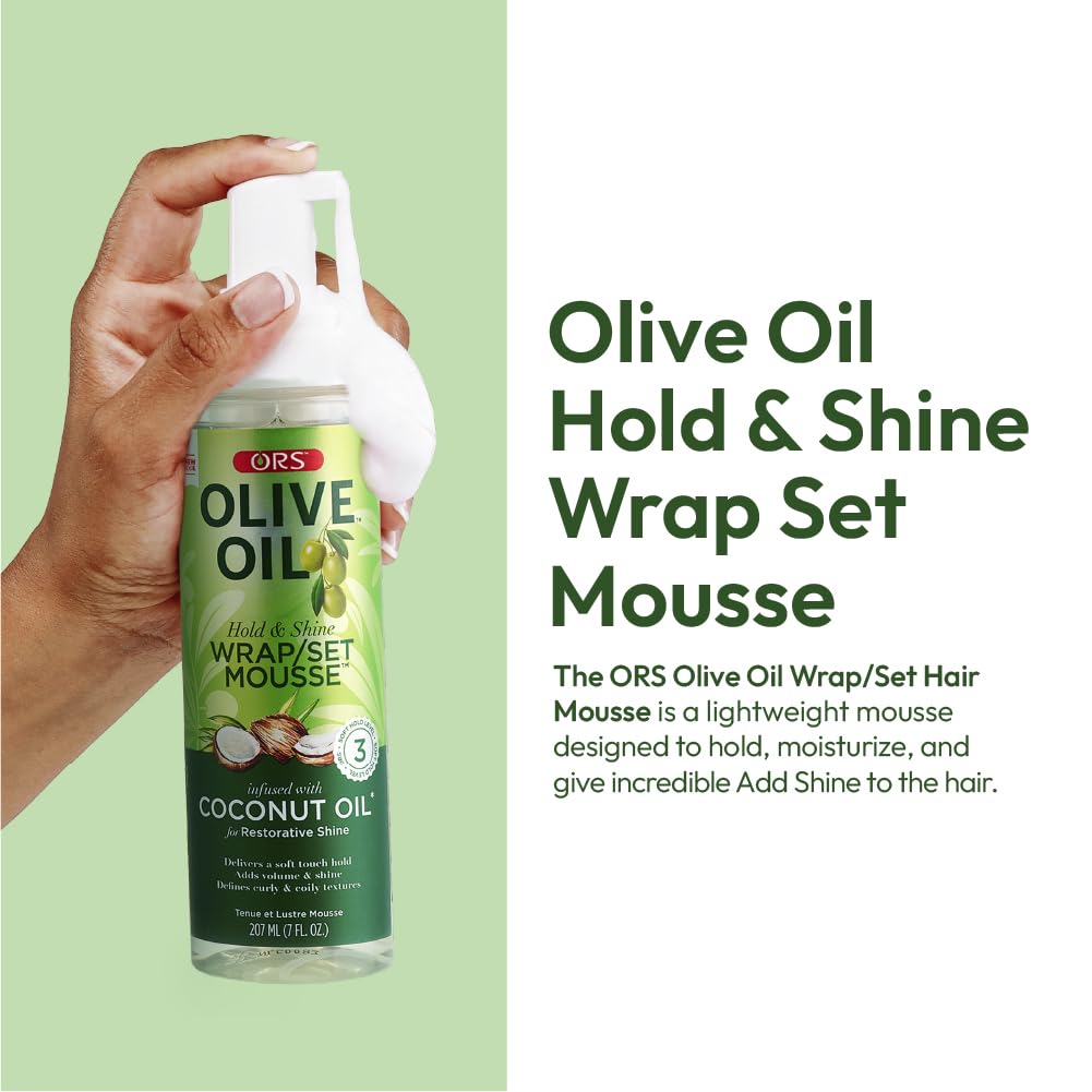 ORS Olive Oil Hold & Shine Mousse application on damp hair demonstrates wrap-ready moisture.