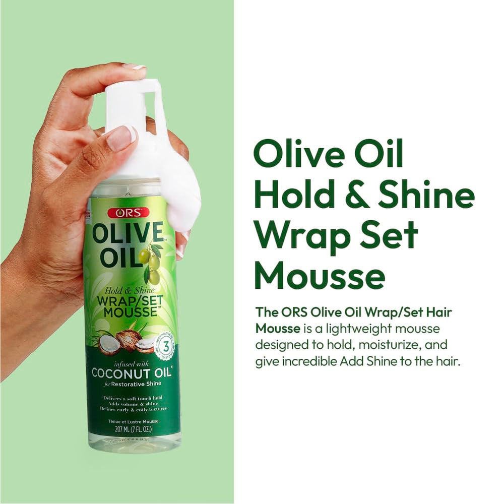 ORS Olive Oil Hold & Shine Mousse application on damp hair demonstrates wrap-ready moisture.