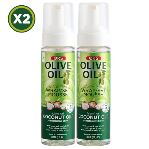 ORS Olive Oil Hold & Shine Mousse foam-dispense image highlights fluffy texture for faster drying.