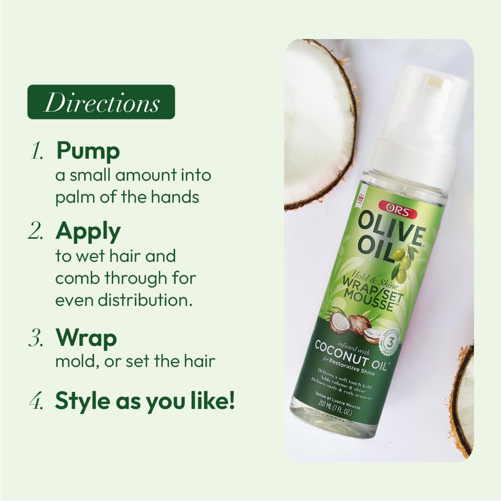 ORS Olive Oil Hold & Shine Mousse two-pack on shelf ready for home styling.