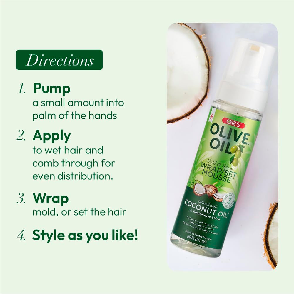 ORS Olive Oil Hold & Shine Mousse two-pack on shelf ready for home styling.