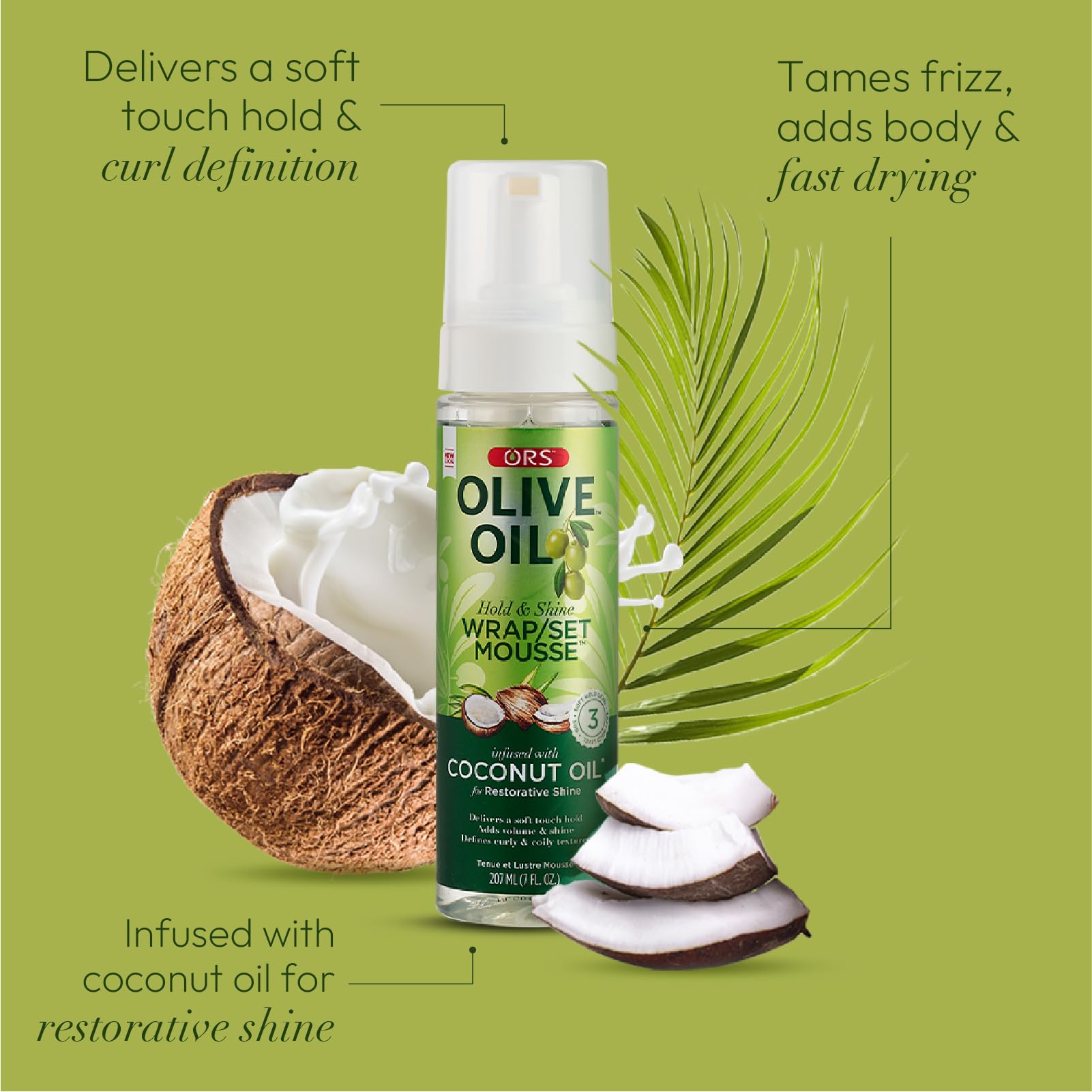 ORS Olive Oil Hold & Shine Mousse application on hands demonstrates even distribution for defined curls.