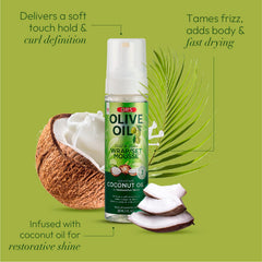 ORS Olive Oil Hold & Shine Mousse application on hands demonstrates even distribution for defined curls.