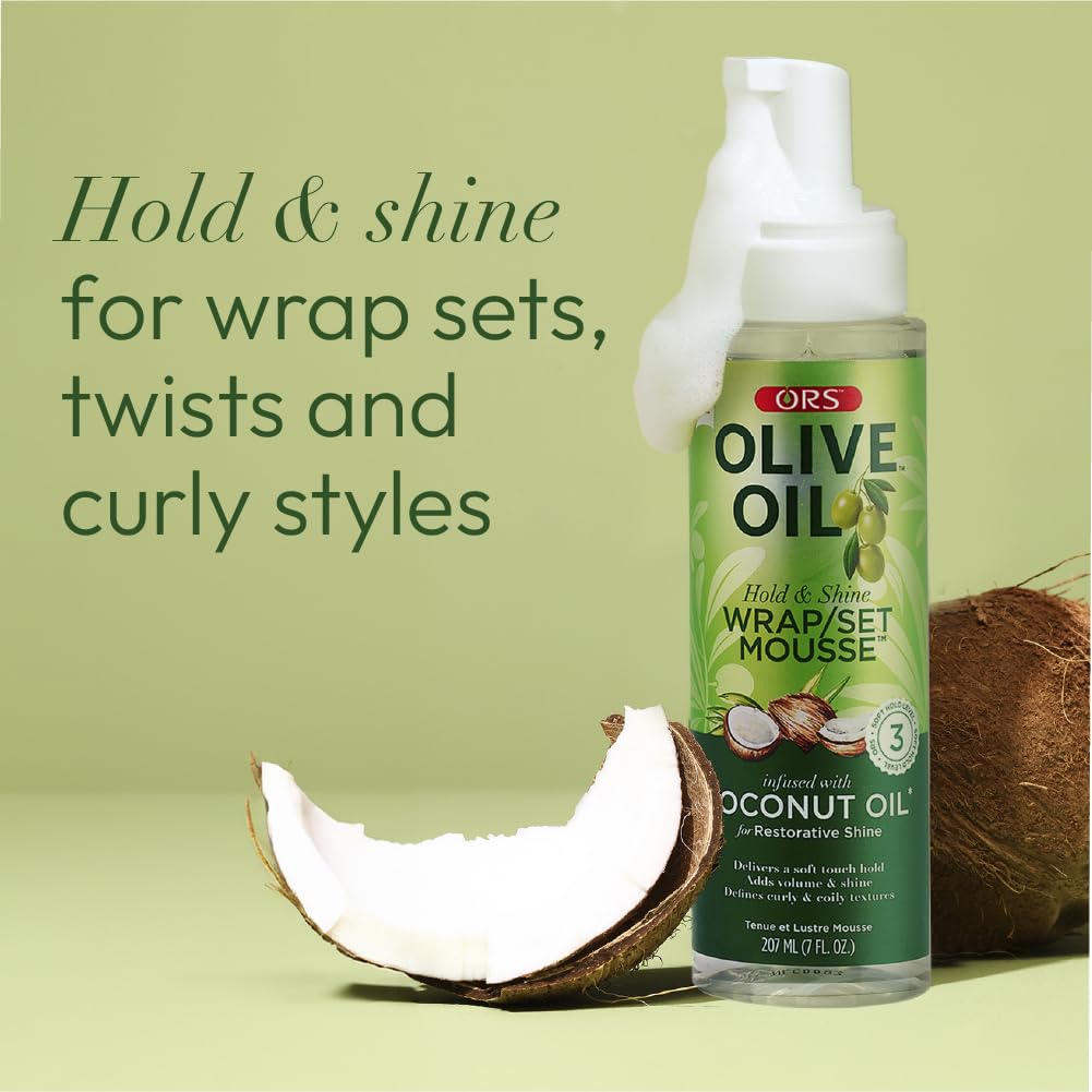 ORS Olive Oil Hold & Shine Mousse wrap-style demonstration shows efficient two-pack usage.