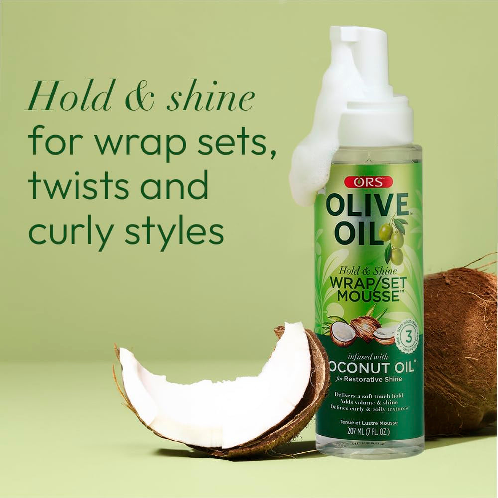 ORS Olive Oil Hold & Shine Mousse wrap-style demonstration shows efficient two-pack usage.